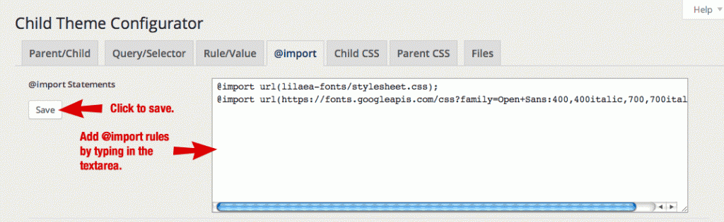 Child Theme Configurator @import rule editor