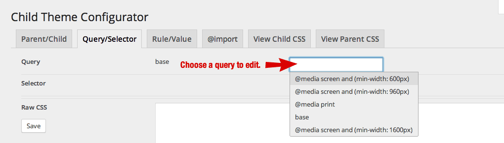 Select a Query from the Child Theme Configurator Query menu.
